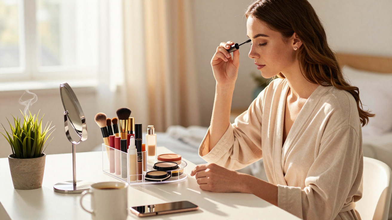 Mulher aplicando rímel sentada à mesa com produtos de maquiagem e espelho em quarto iluminado.
