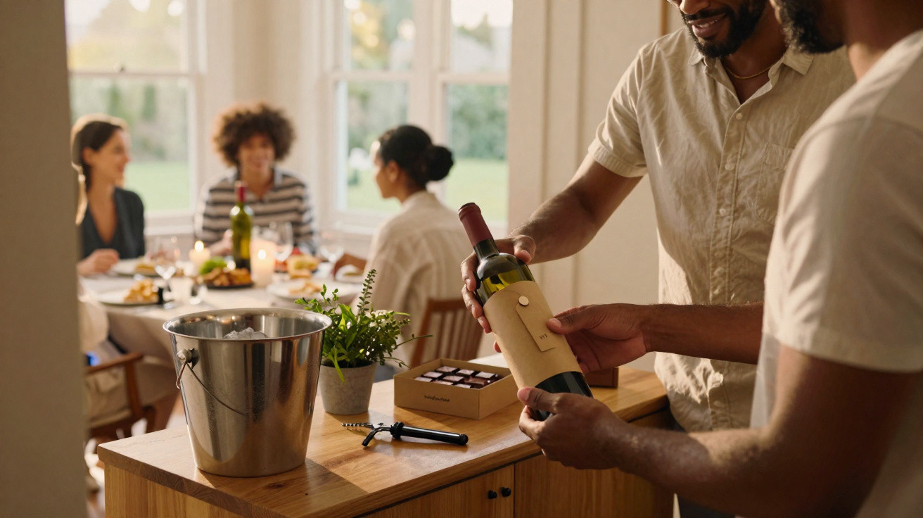 Amigos reunidos à mesa e homem servindo vinho em garrafa em ambiente aconchegante com luz natural.