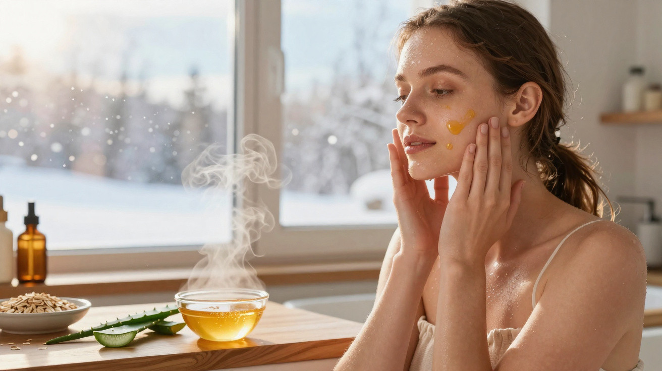 Mulher aplicando máscara facial em ambiente iluminado com ingredientes naturais ao lado.