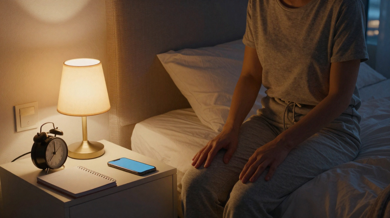 Pessoa sentada na cama ao lado de mesa com abajur, celular, relógio e caderno em ambiente aconchegante.