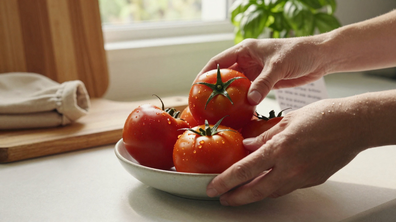 Mãos colocando tomates frescos com gotas de água em uma tigela branca sobre bancada de cozinha.