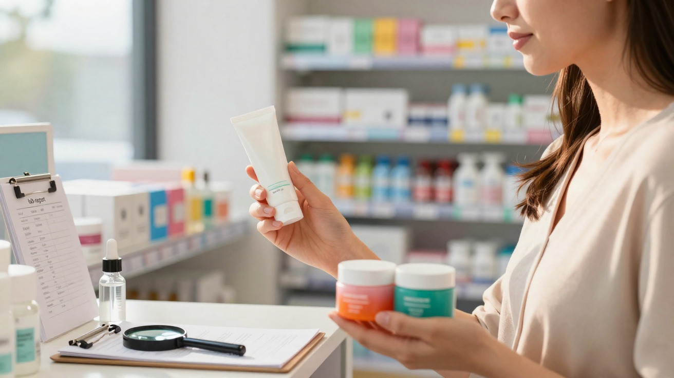 Mulher em farmácia segurando creme e potes de produtos cosméticos, com prateleiras ao fundo.