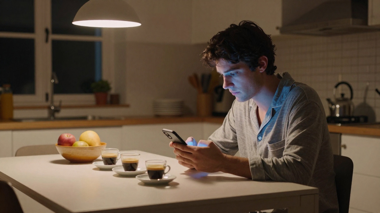 Jovem em pijama usando celular à mesa da cozinha com três xícaras de café e uma fruteira.