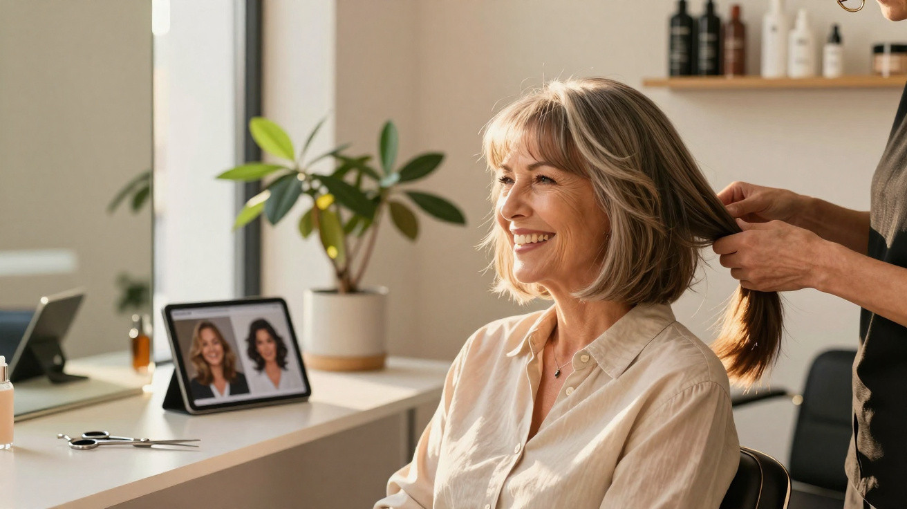 Mulher sorridente fazendo avaliação de corte de cabelo com cabeleireiro em salão moderno.