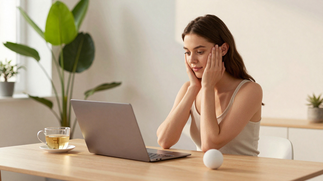 Mulher jovem olhando pensativa para notebook em mesa com xícara de chá ao lado, ambiente claro e plantas.