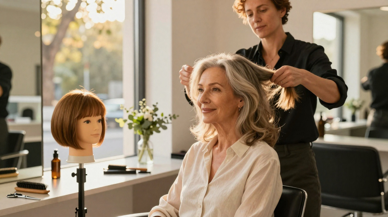 Mulher idosa sorridente recebendo penteado em salão de beleza com manequim de cabelo ao lado.