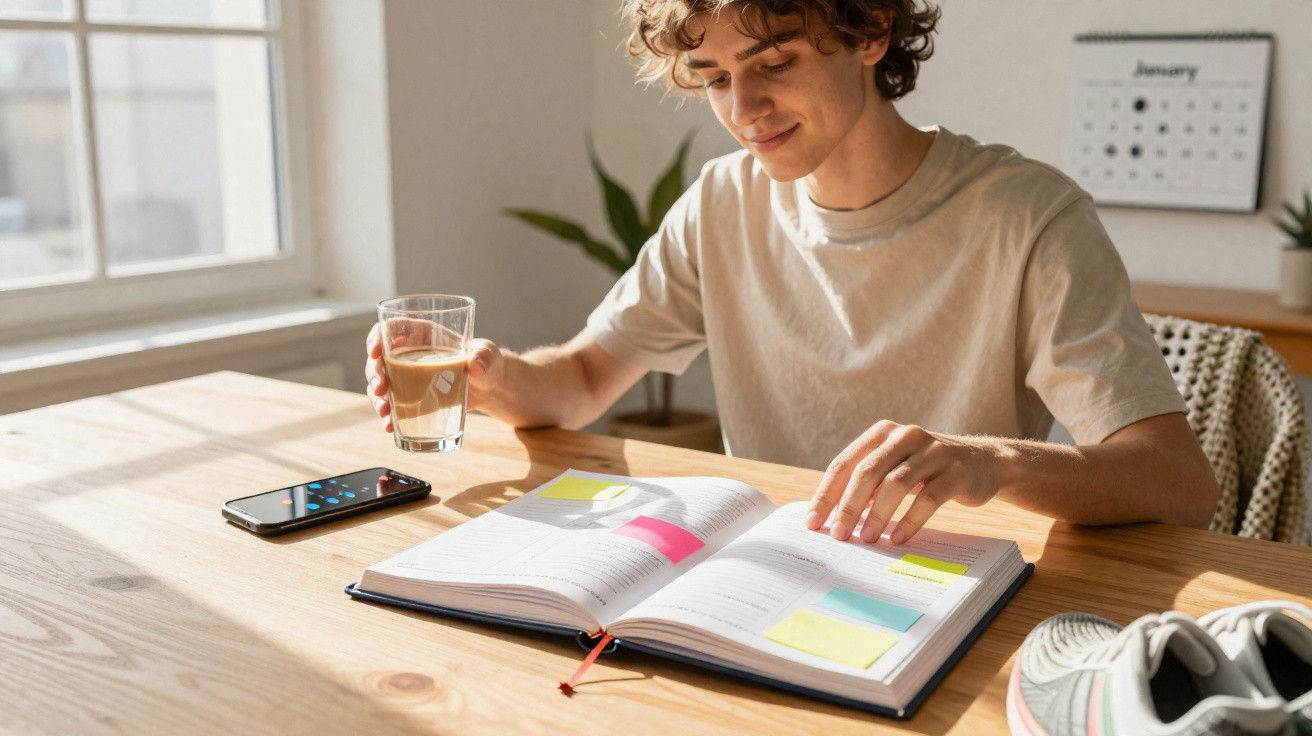 Jovem lendo agenda com post-its coloridos, segurando copo de água, em mesa com tênis e celular ao lado.