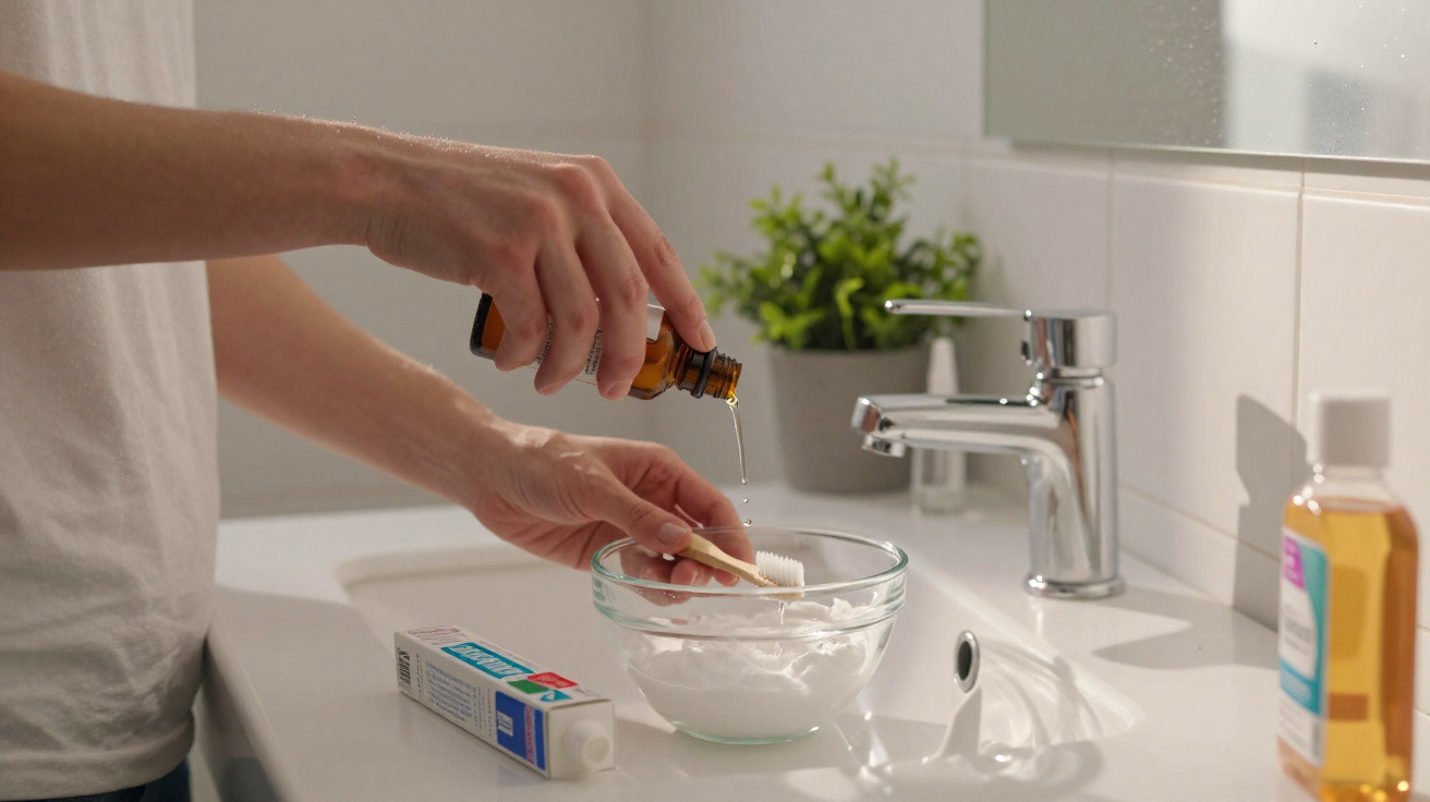 Pessoa adicionando gotas de líquido em escova de dente sobre pia com produtos de higiene ao redor.