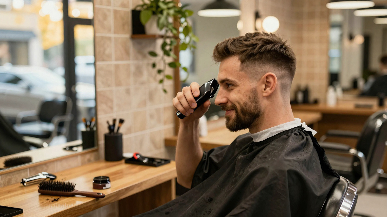 Homem sorrindo fazendo acabamento no cabelo com máquina em barbearia moderna e iluminada.