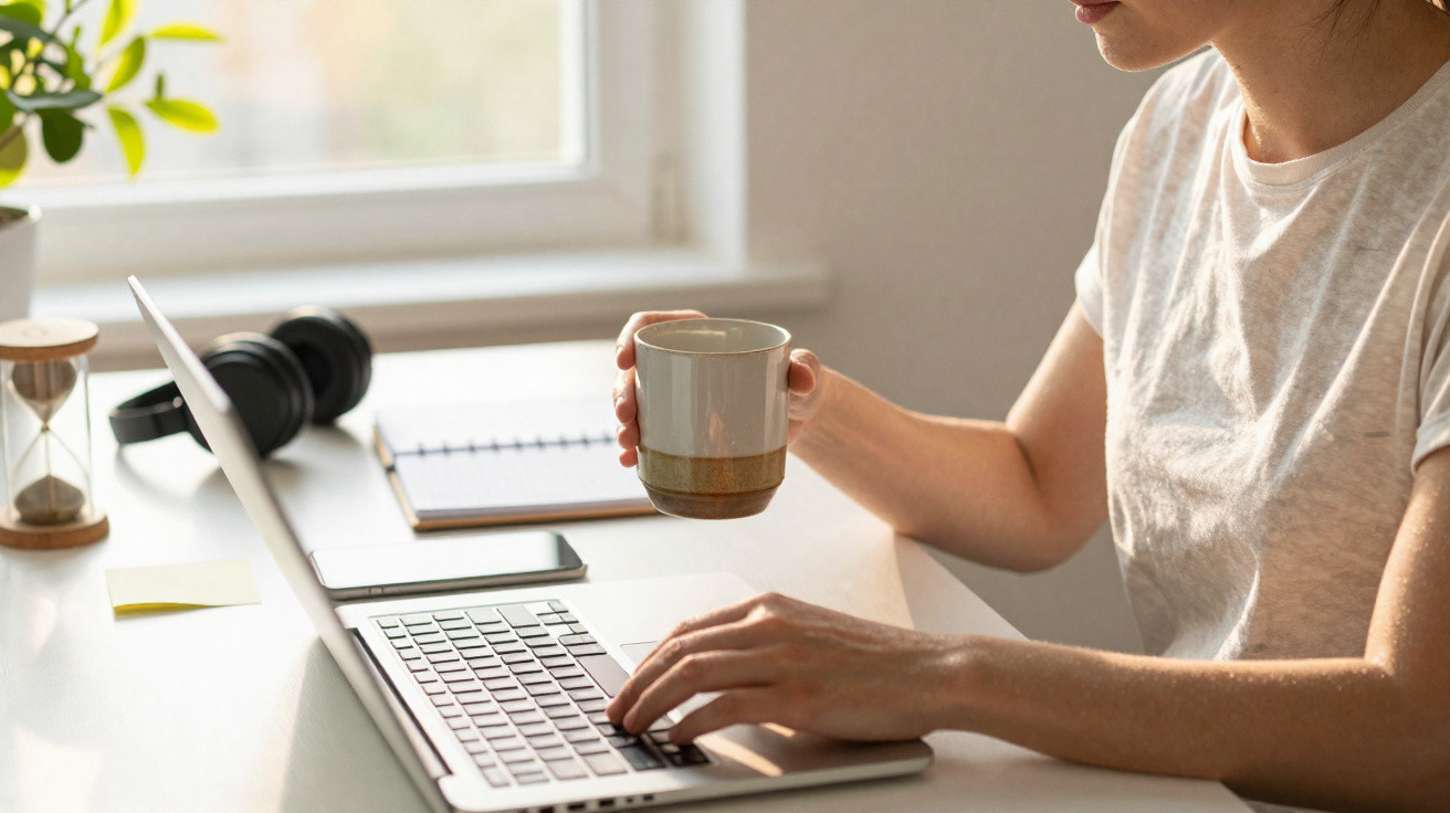 Mulher trabalhando em laptop, segurando caneca, em mesa com fones, caderno e celular, luz natural na janela.