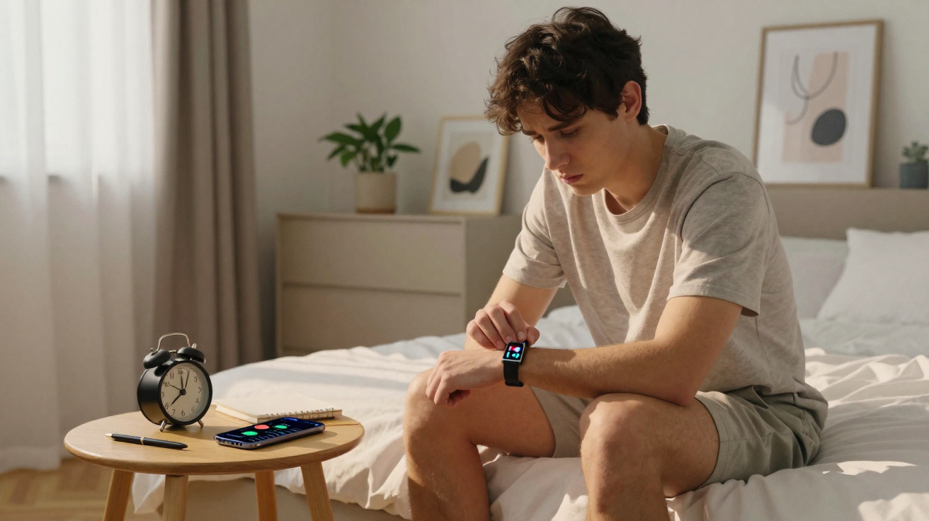 Jovem sentado na cama olhando para relógio inteligente, mesa ao lado com celular, despertador e caderno.