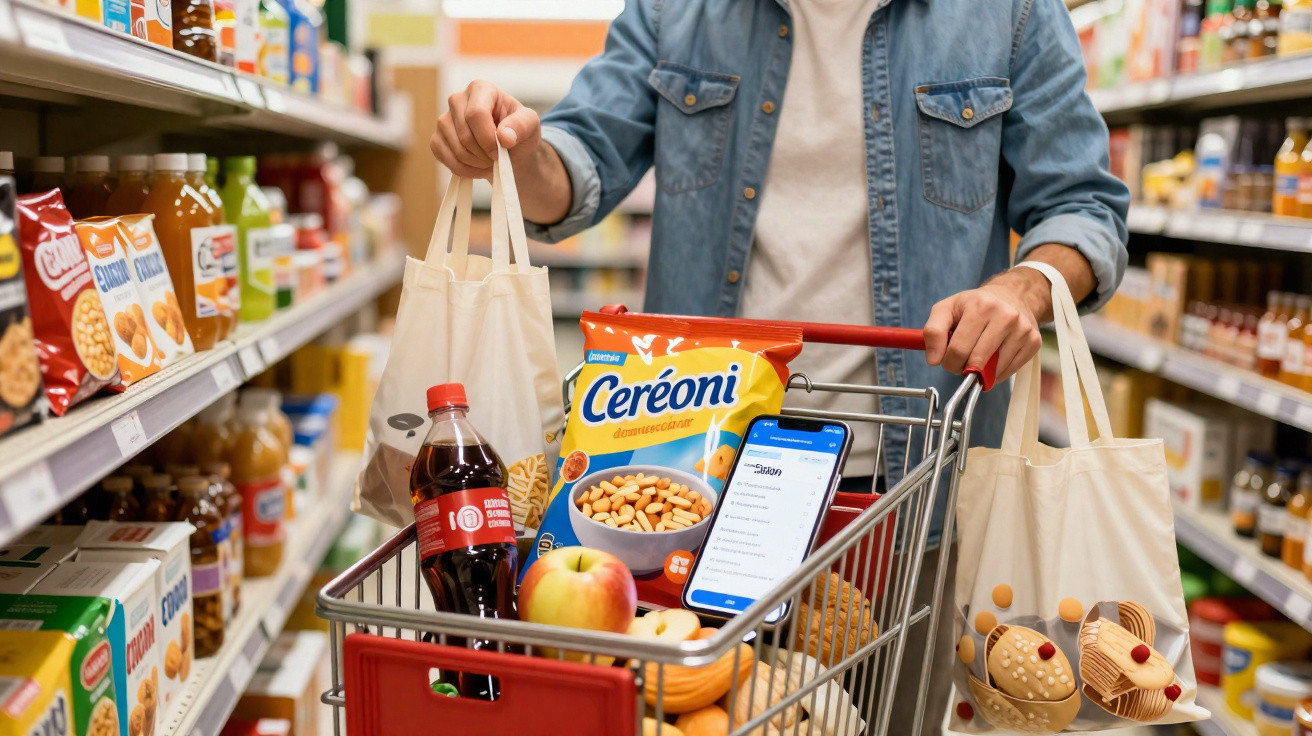 Pessoa empurrando carrinho de supermercado com alimentos e sacolas reutilizáveis, consultando celular.