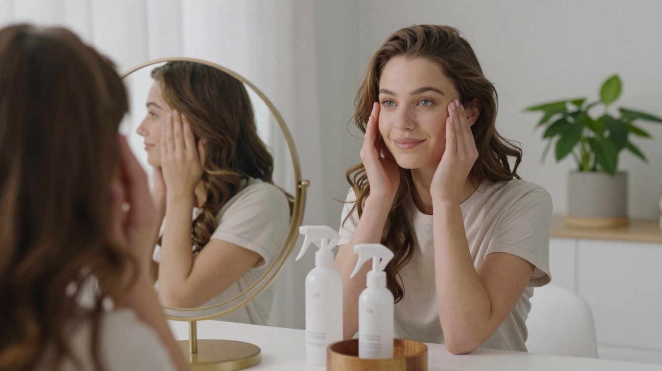 Mulher sorrindo aplicando creme facial em frente ao espelho em ambiente claro e organizado.