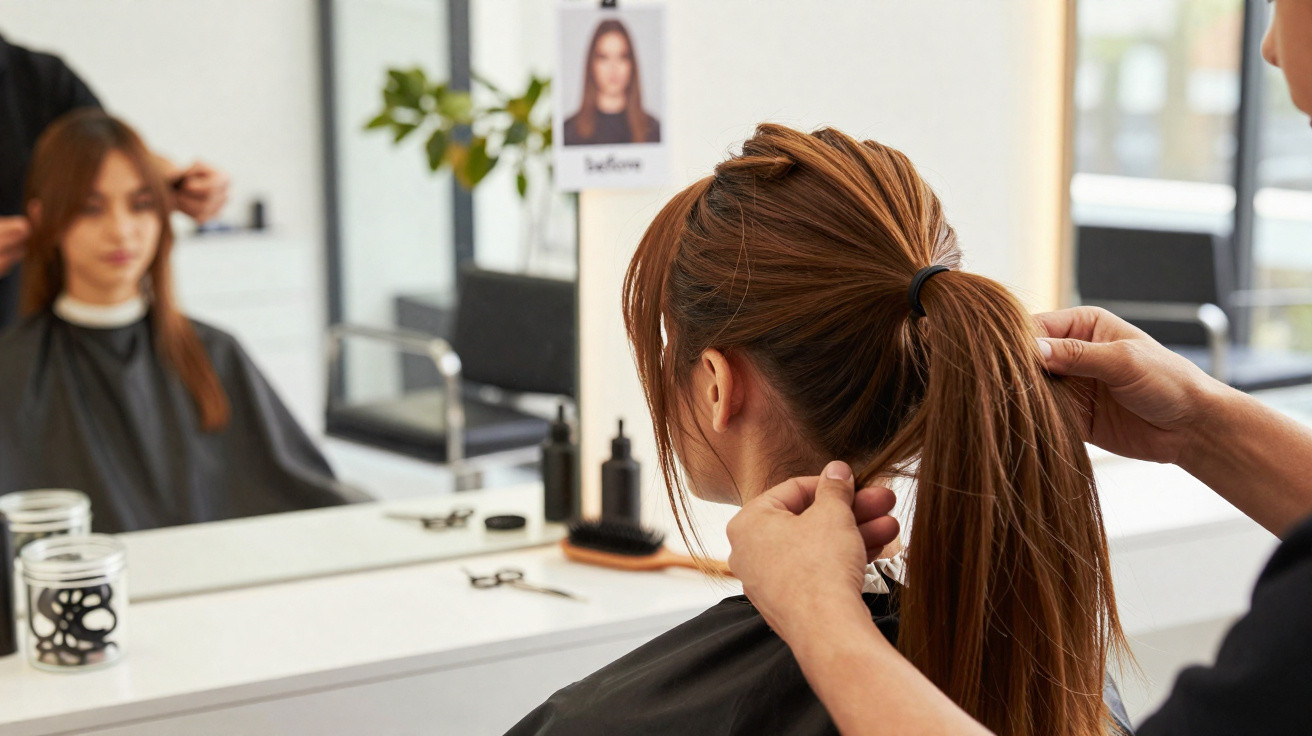Mulher com cabelo castanho preso em rabo de cavalo sendo penteada em salão de beleza.