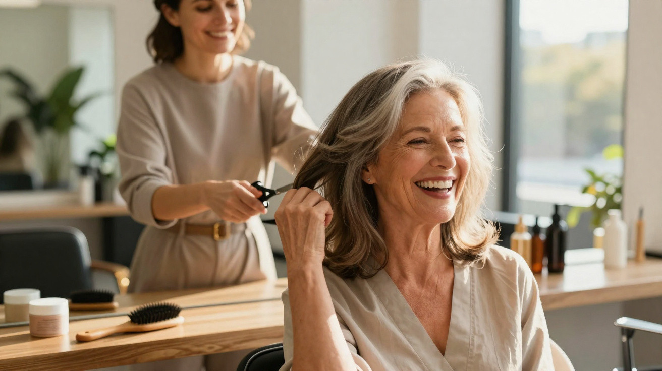 Mulher sorridente cortando o cabelo de mulher mais velha em salão de beleza bem iluminado.