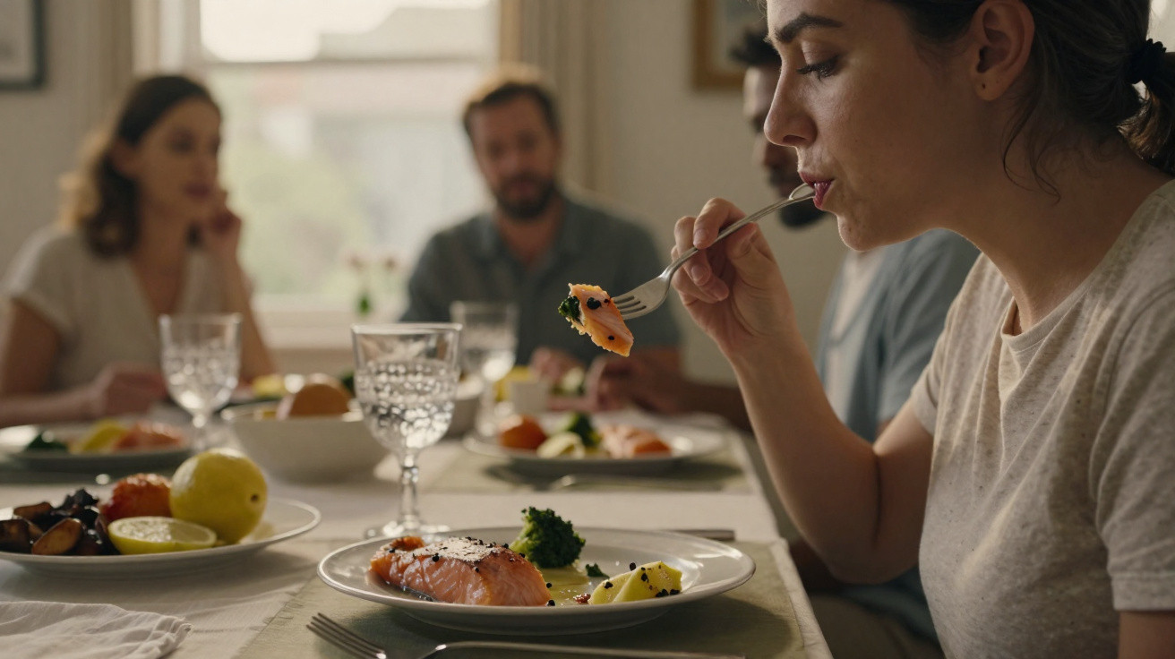 Pessoa comendo salmão em jantar à mesa com outras pessoas ao fundo em ambiente iluminado.