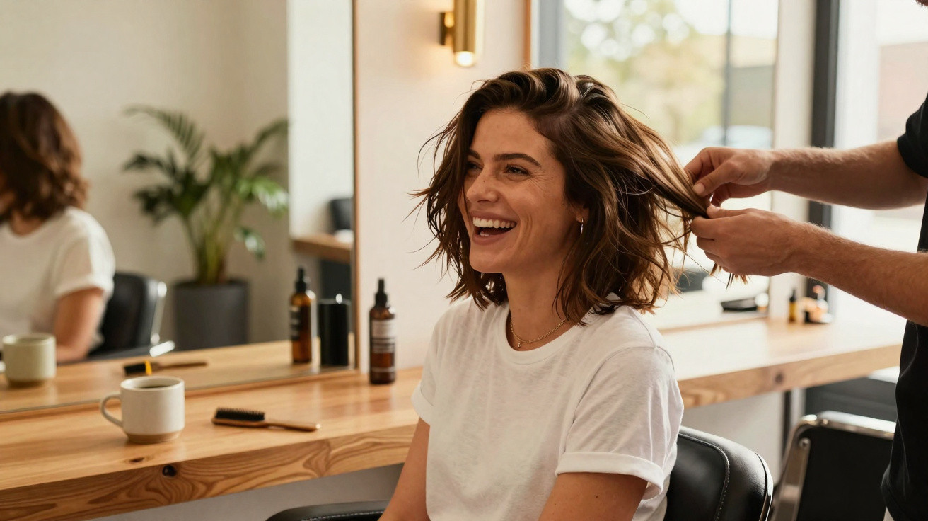 Mulher sorrindo sentada em salão de beleza enquanto cabeleireiro arruma seu cabelo curto e ondulado.