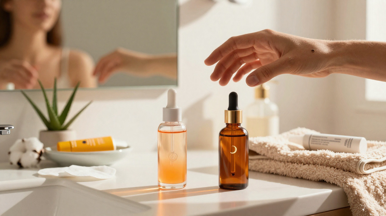 Mão feminina alcançando frasco de sérum em bancada com produtos de skincare e toalha dobrada.