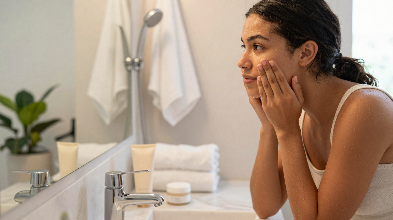 Mulher com roupa branca aplicando creme facial na frente do espelho do banheiro.