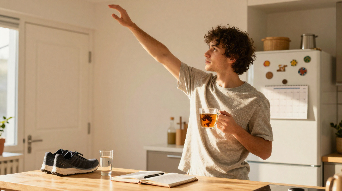 Jovem com camiseta cinza segurando xícara de chá alcança algo no ar em cozinha iluminada.