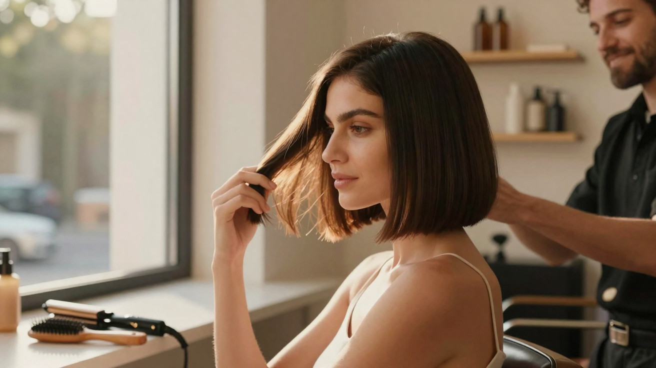 Jovem mulher com cabelo curto sendo atendida por cabeleireiro em salão de beleza iluminado por luz natural.