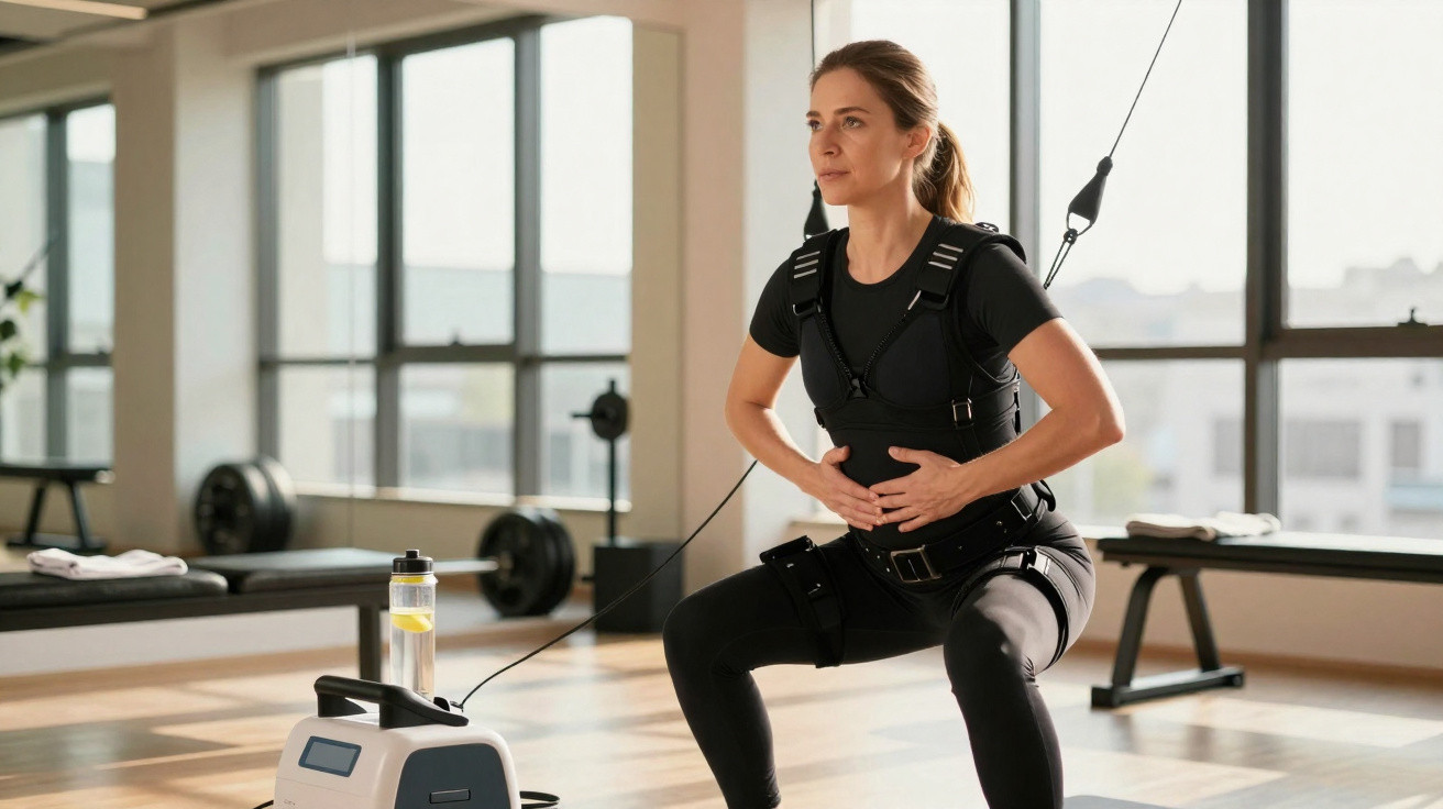 Mulher fazendo exercício em estúdio com equipamento de eletroestimulação muscular, vestindo roupa preta.