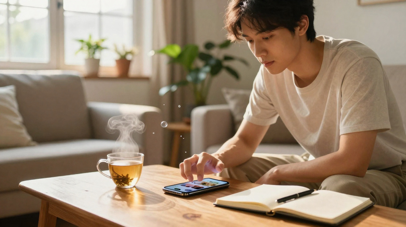 Jovem sentado à mesa usando smartphone, com chá quente e caderno aberto com caneta em uma sala iluminada.