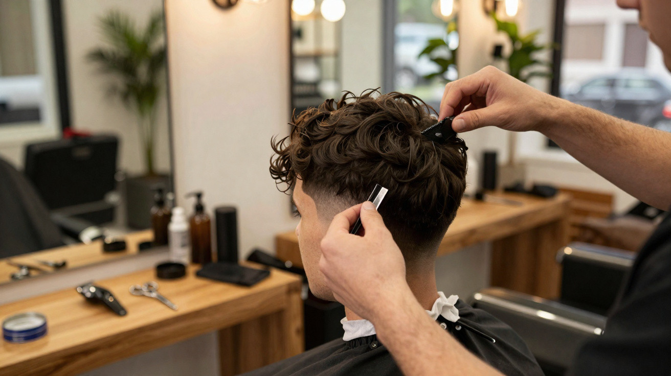 Homem cortando cabelo cacheado com máquina em barbearia moderna e iluminada.