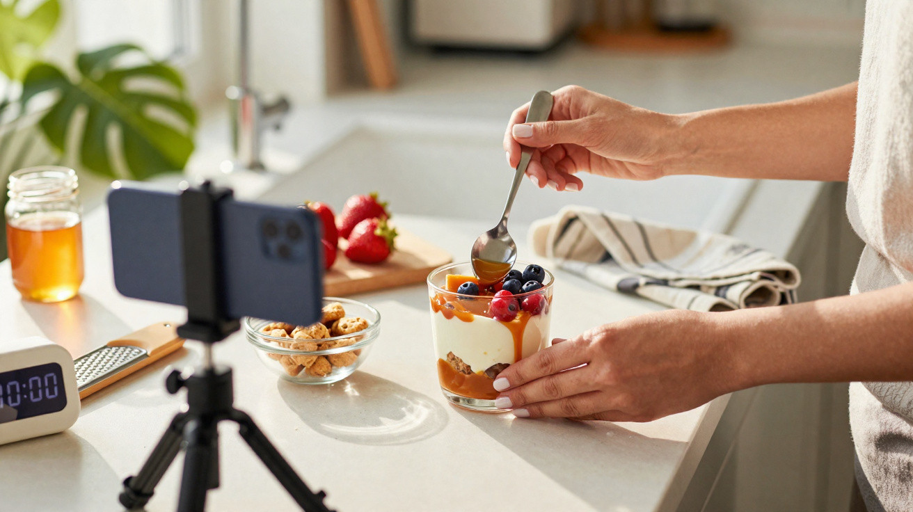 Pessoa gravando receita de sobremesa saudável com iogurte, frutas e mel na cozinha iluminada.