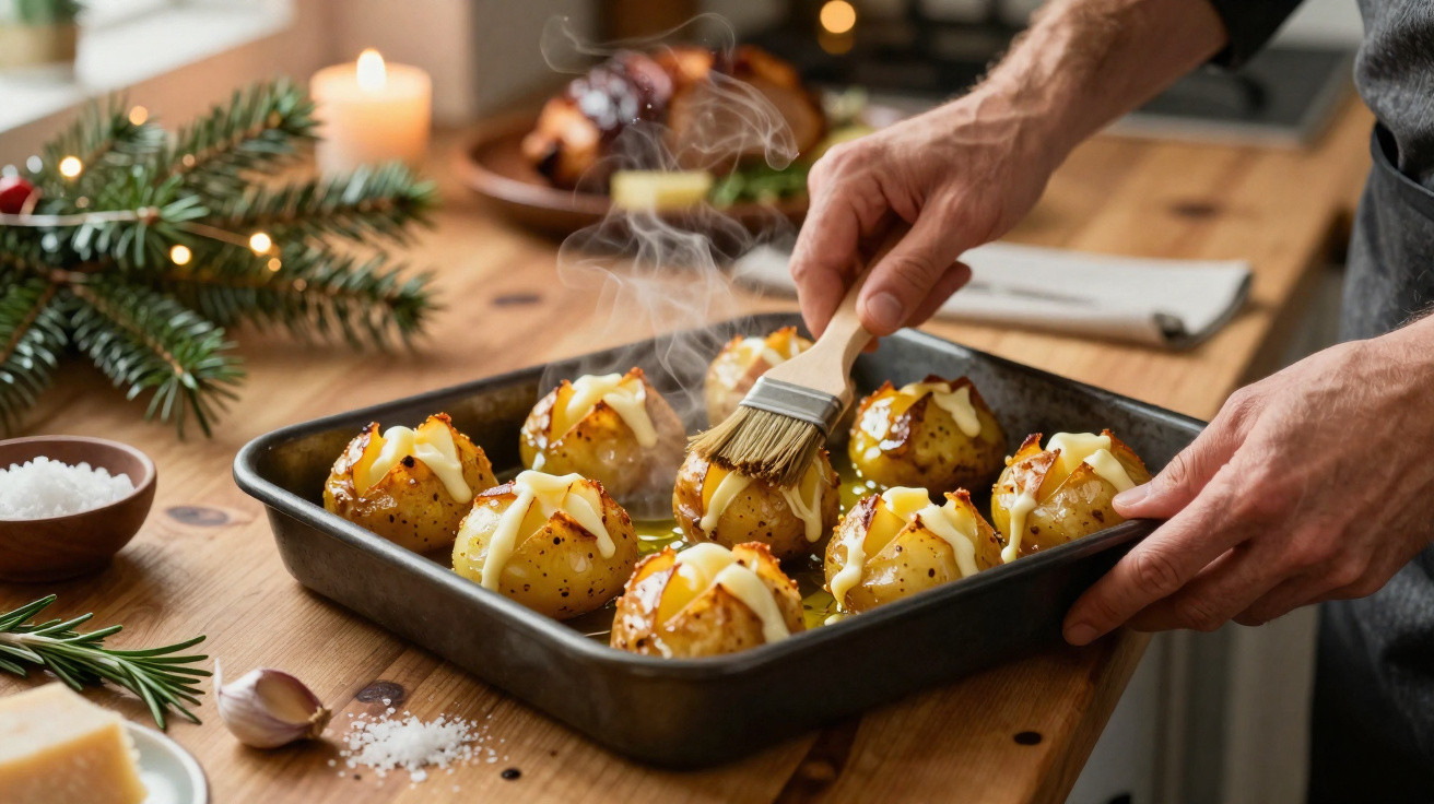Pessoas pincelando batatas assadas quentes com manteiga em assadeira na cozinha decorada para Natal.