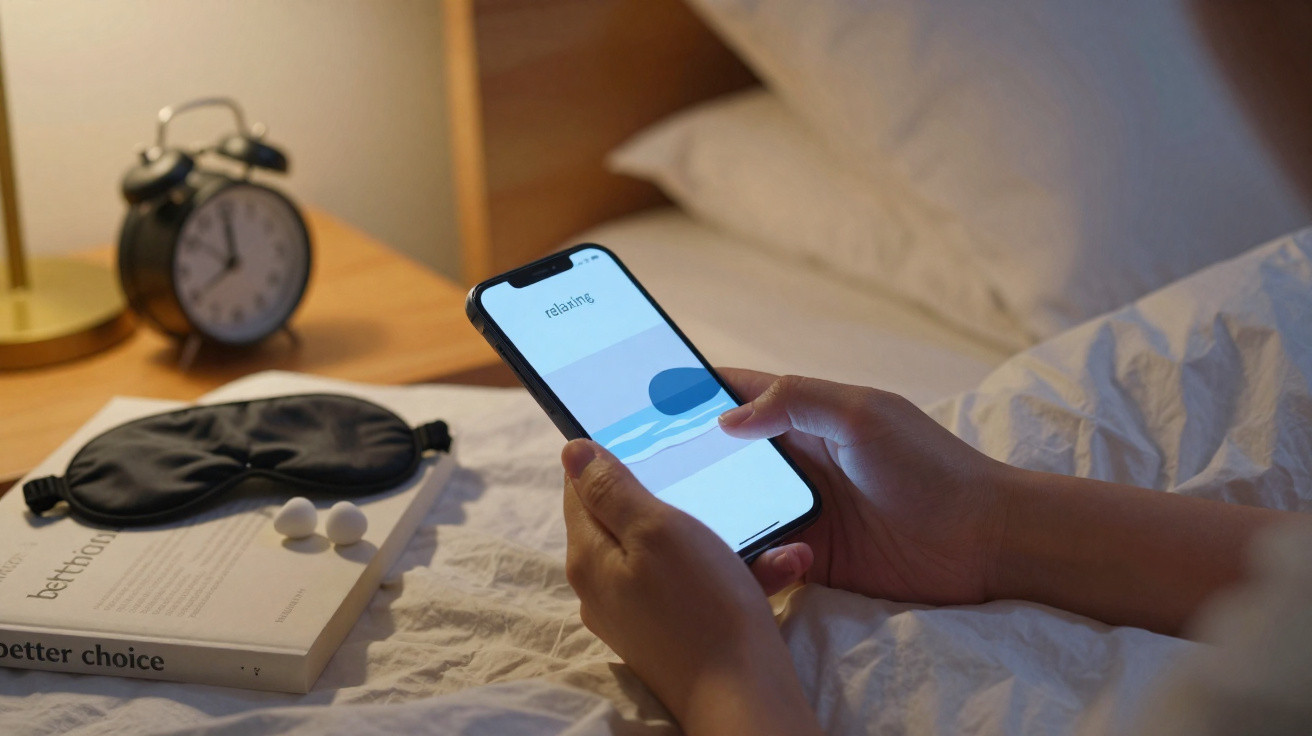 Pessoa deitada segurando celular com aplicativo relaxante, ao lado máscara de dormir e tampões de ouvido.