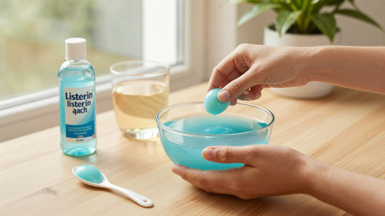 Mãos seguram bolha azul sobre tigela com líquido azul, frasco de Listerin e copo em mesa de madeira.