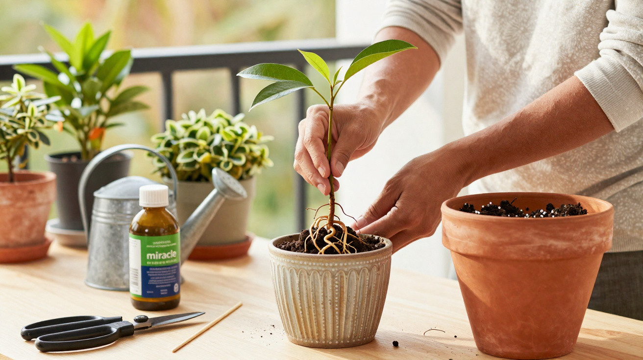 Pessoa transplantando muda em vaso cerâmico com terra, ao lado de ferramentas e regador em mesa iluminada.