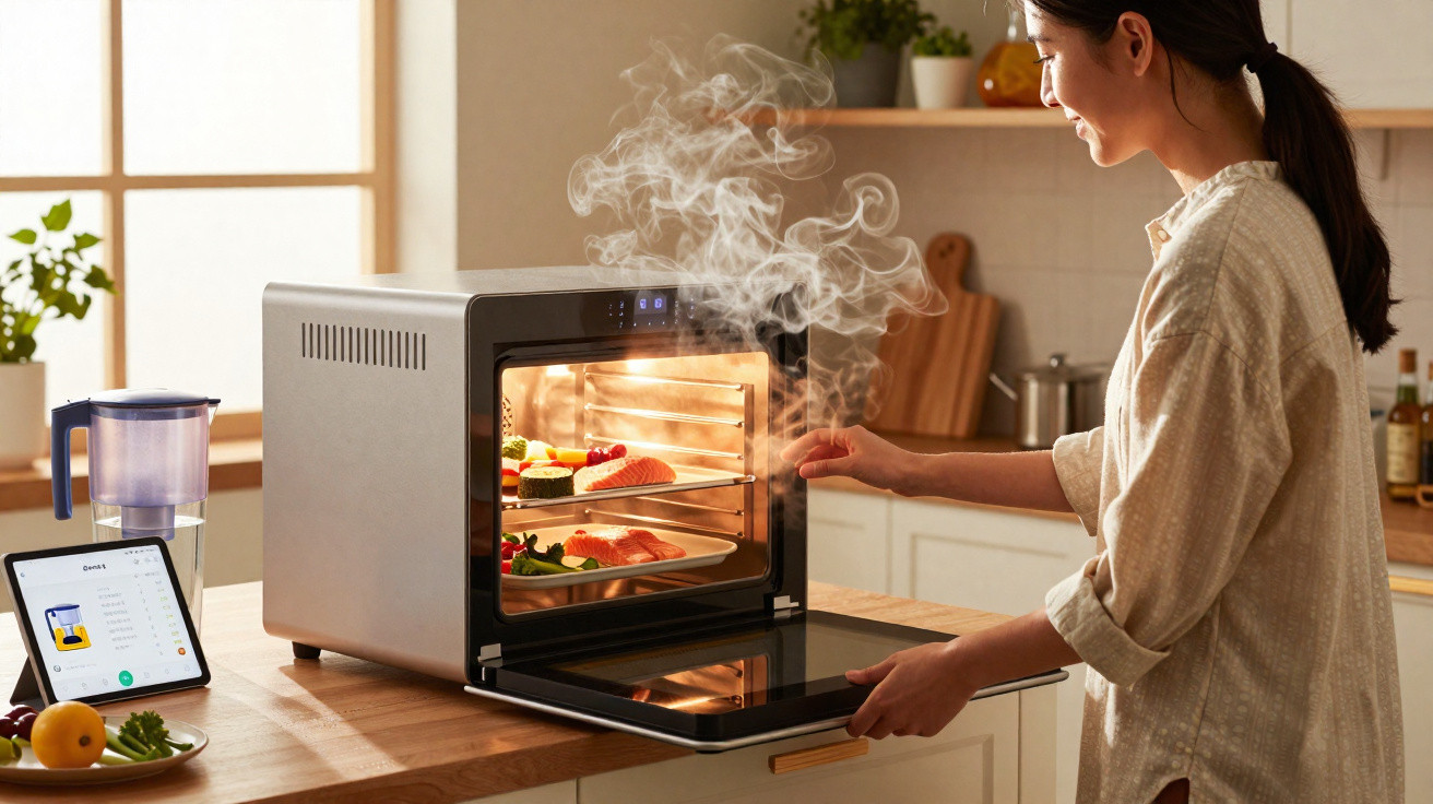 Mulher abrindo forno elétrico com vapor saindo, em cozinha iluminada com comida dentro.