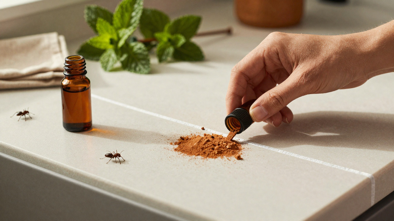 Mão derramando essência sobre pó marrom na mesa para afastar formigas próximas a frasco âmbar e folhas verdes.