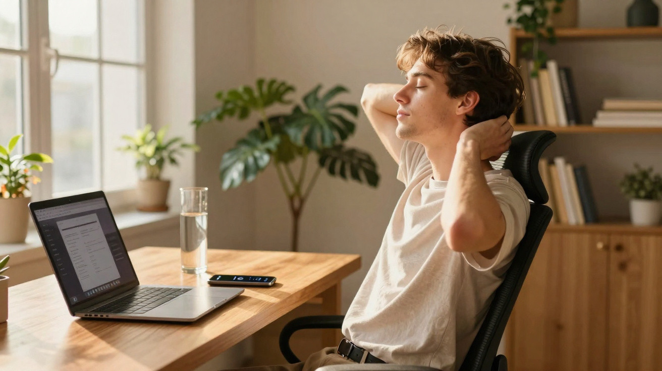 Jovem relaxando na cadeira, com laptop, celular e copo d'água sobre a mesa em ambiente iluminado.