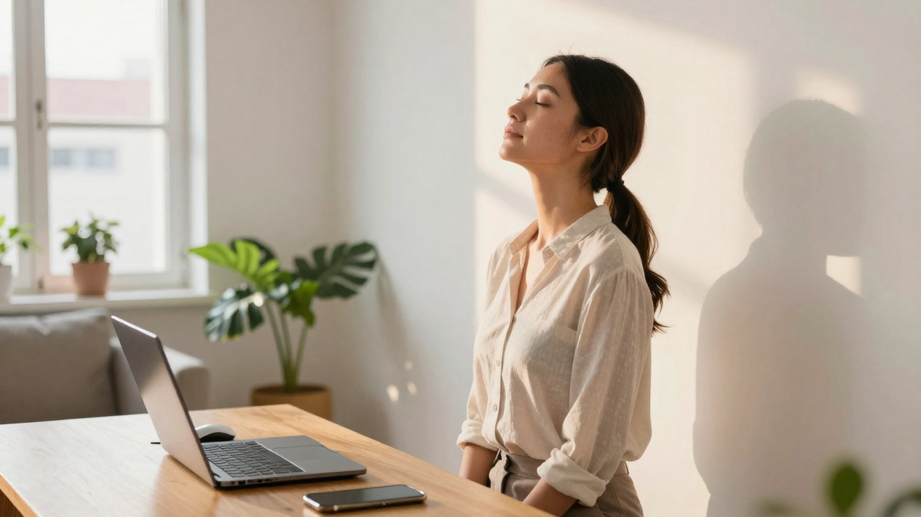 Mulher relaxando com olhos fechados sentada em mesa com notebook e celular em ambiente iluminado.