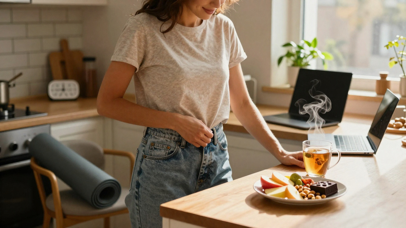 Mulher em cozinha ajeitando calça, com prato de frutas, nozes e chá quente sobre balcão de madeira.