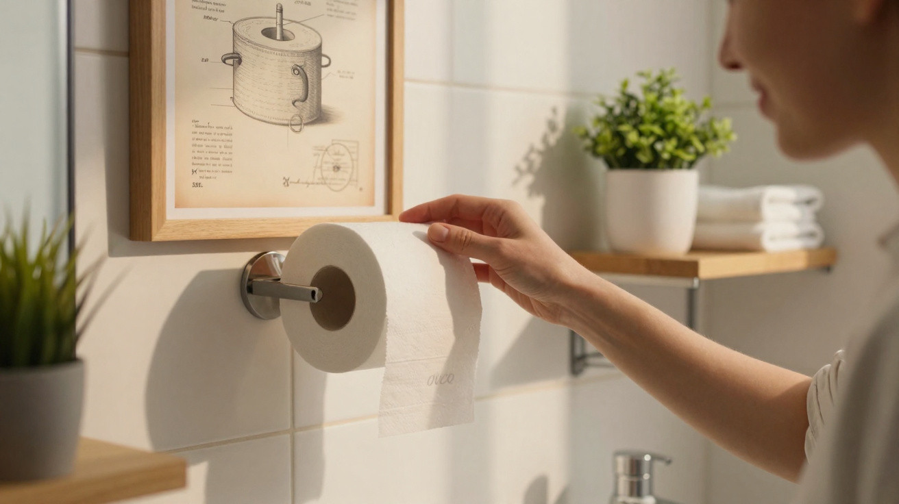 Pessoa pegando papel higiênico em suporte de parede em banheiro com decoração minimalista e planta.