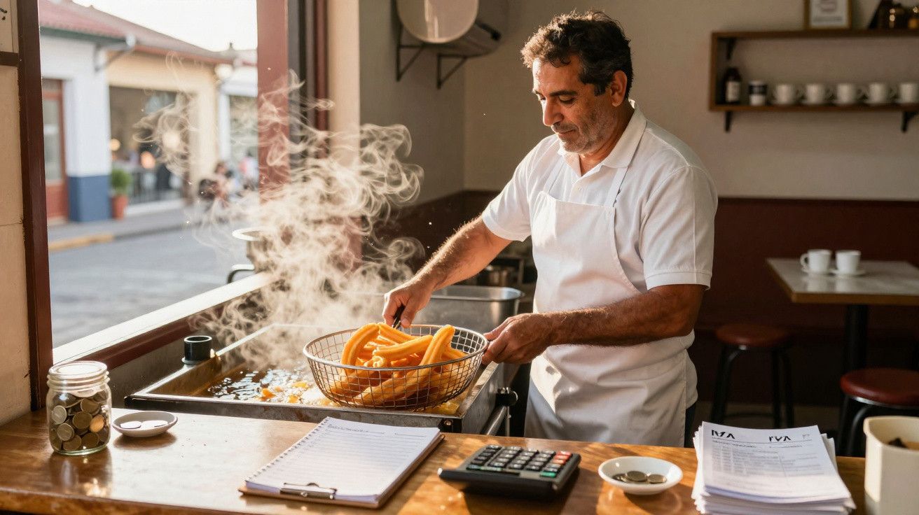 Homem preparando churros em cozinha de restaurante com balcão de madeira e utensílios.