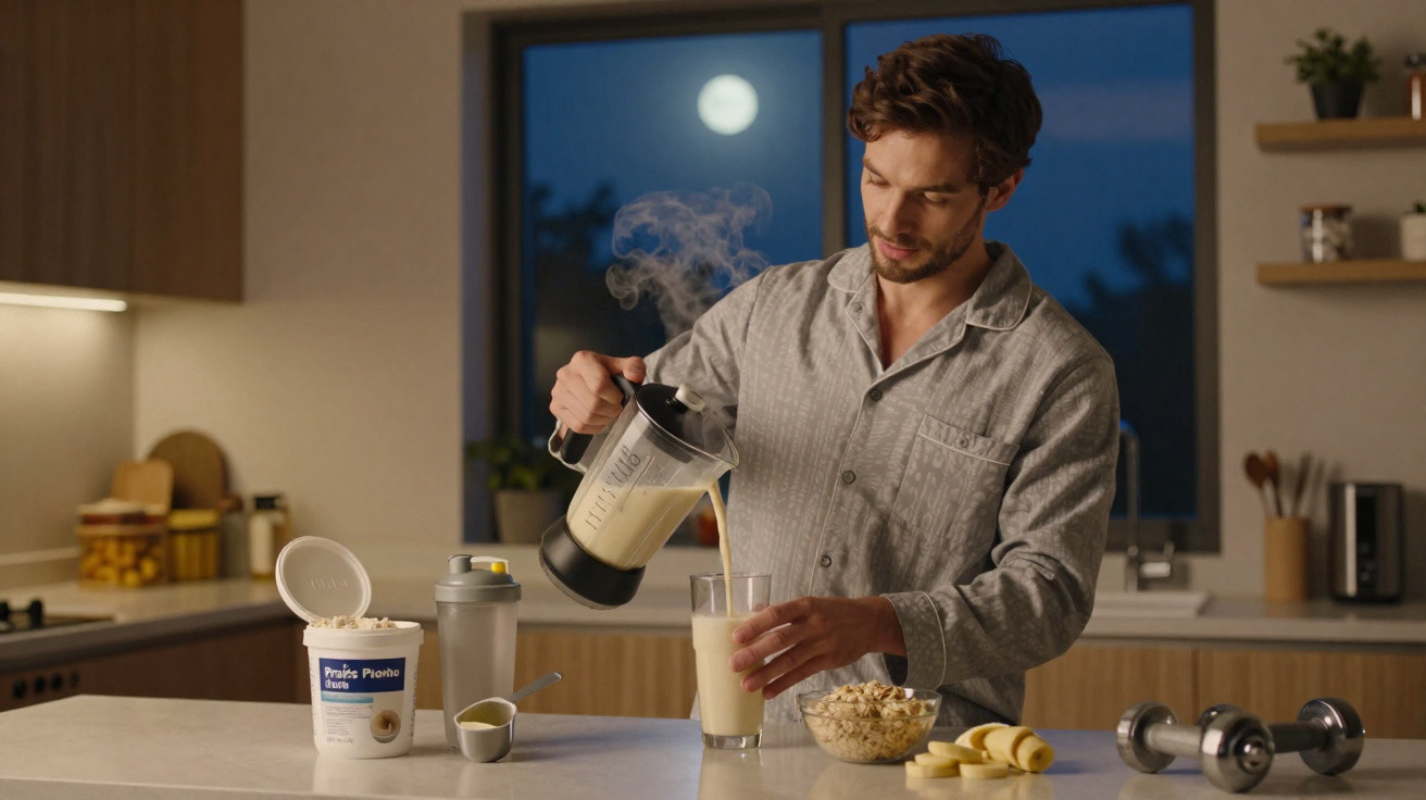 Homem em pijama na cozinha, servindo vitamina quente em copo ao lado de frutas e halteres.