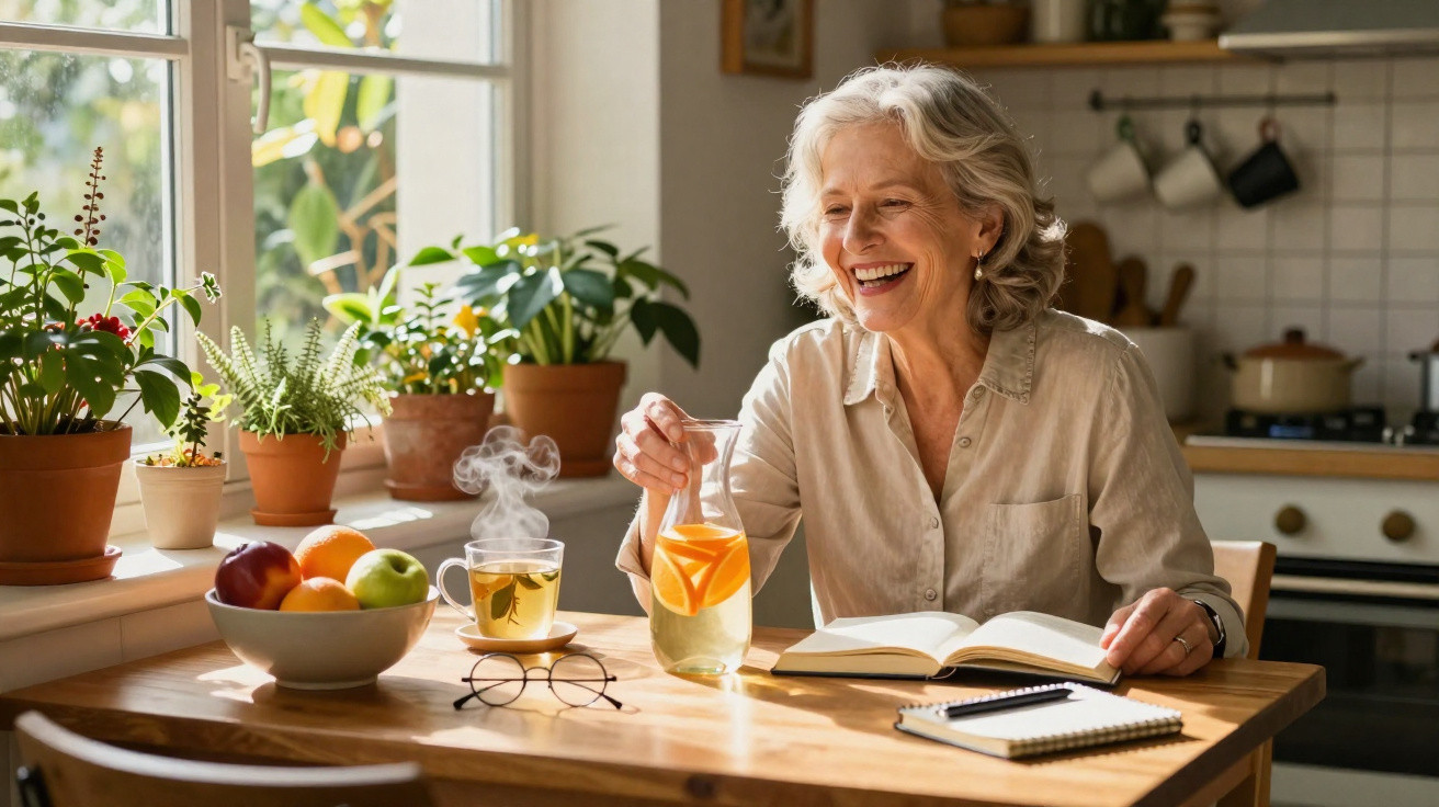 Mulher idosa sorrindo, sentada à mesa com livro aberto, jarra de suco e frutas em ambiente iluminado e com plantas.