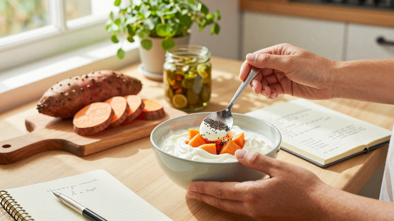 Pessoa adicionando sementes de chia em iogurte com pedaços de mamão, ao lado de batata doce fatiada e caderno.