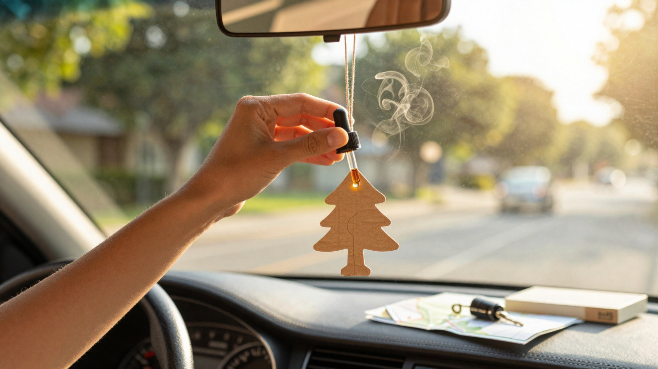 Mão aplicando essência em aromatizador em formato de árvore pendurado no retrovisor de carro.