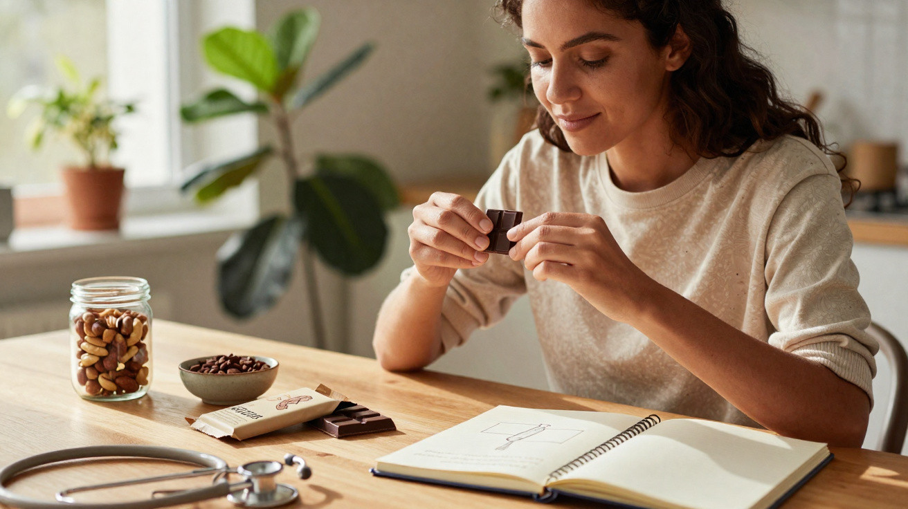 Mulher sentada à mesa com chocolate, caderno aberto e estetoscópio em ambiente iluminado.