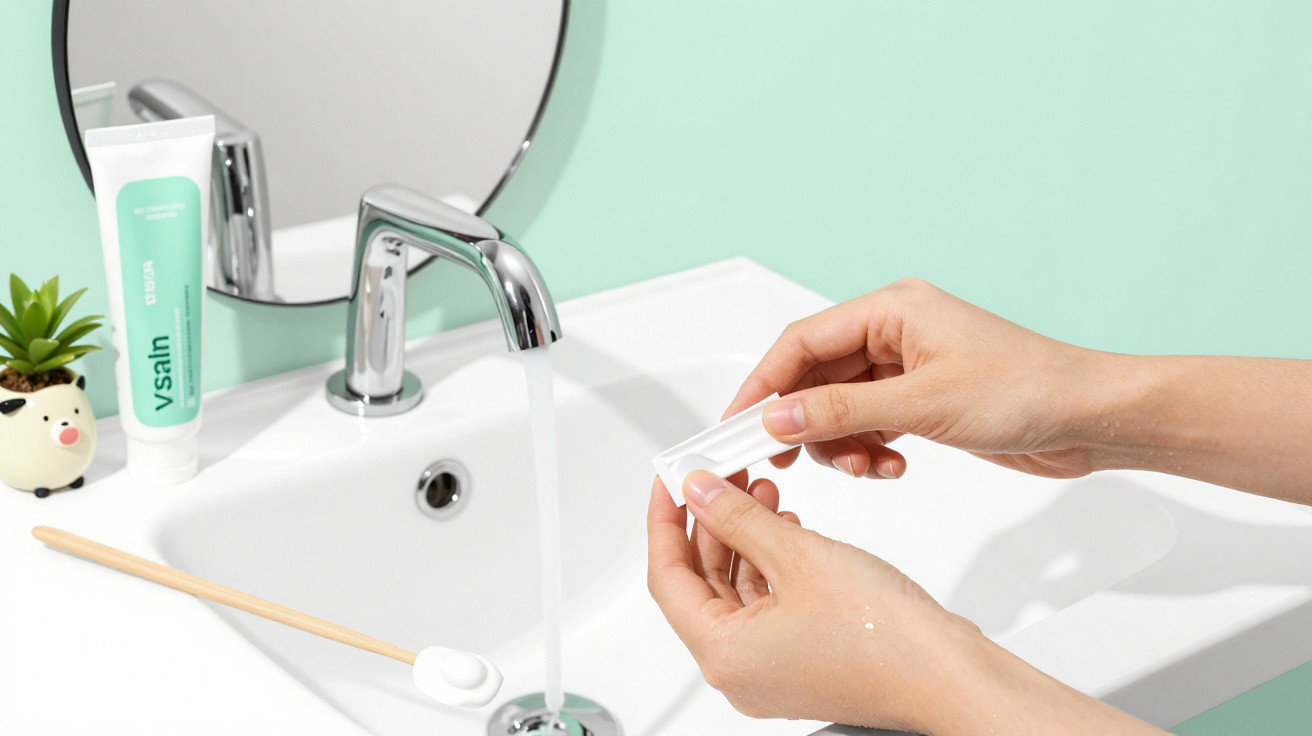 Pessoas segurando embalagem branca perto de pia com torneira, escova de madeira e creme dental verde.