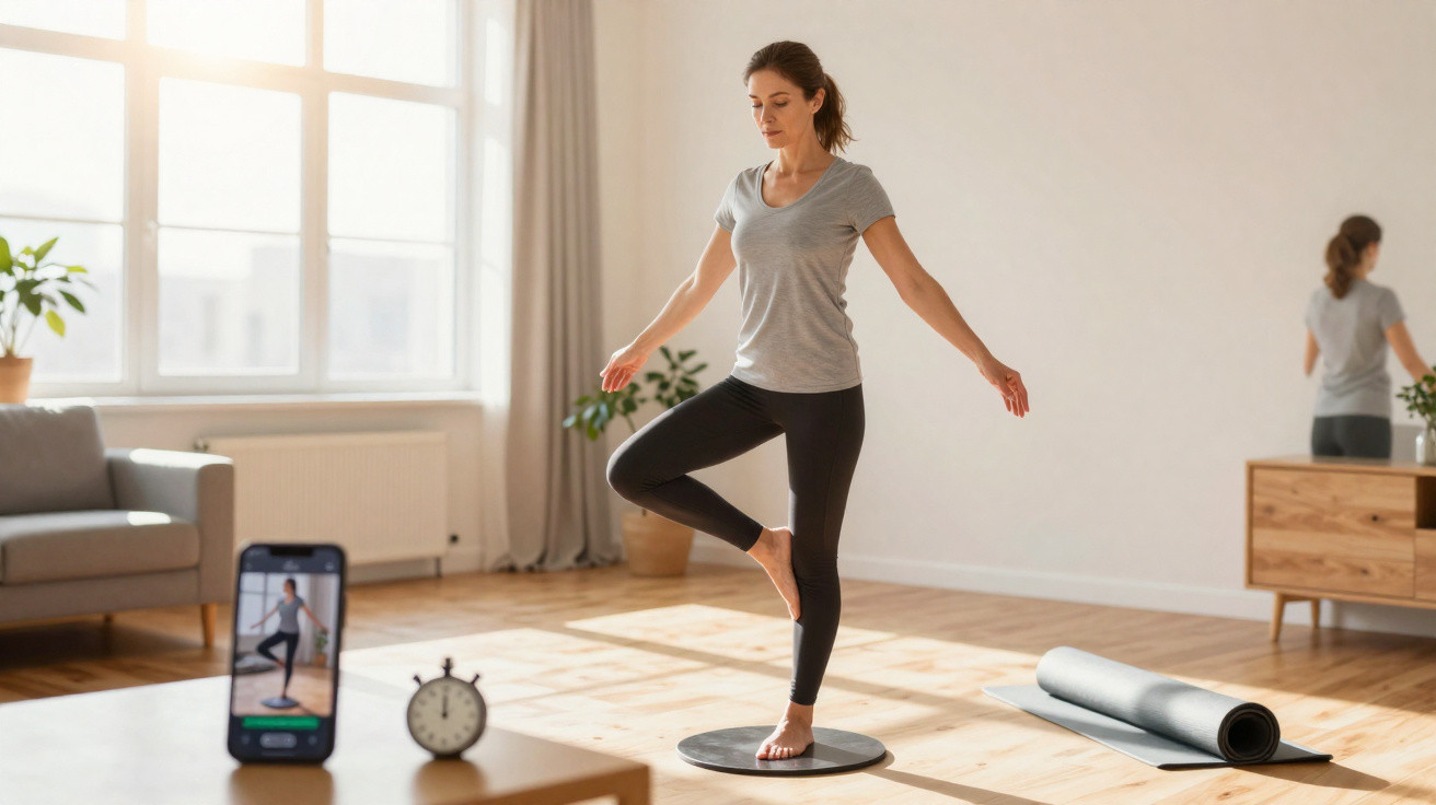 Mulher praticando equilíbrio em plataforma vibratória em sala iluminada, com tapete de yoga e celular ao fundo.