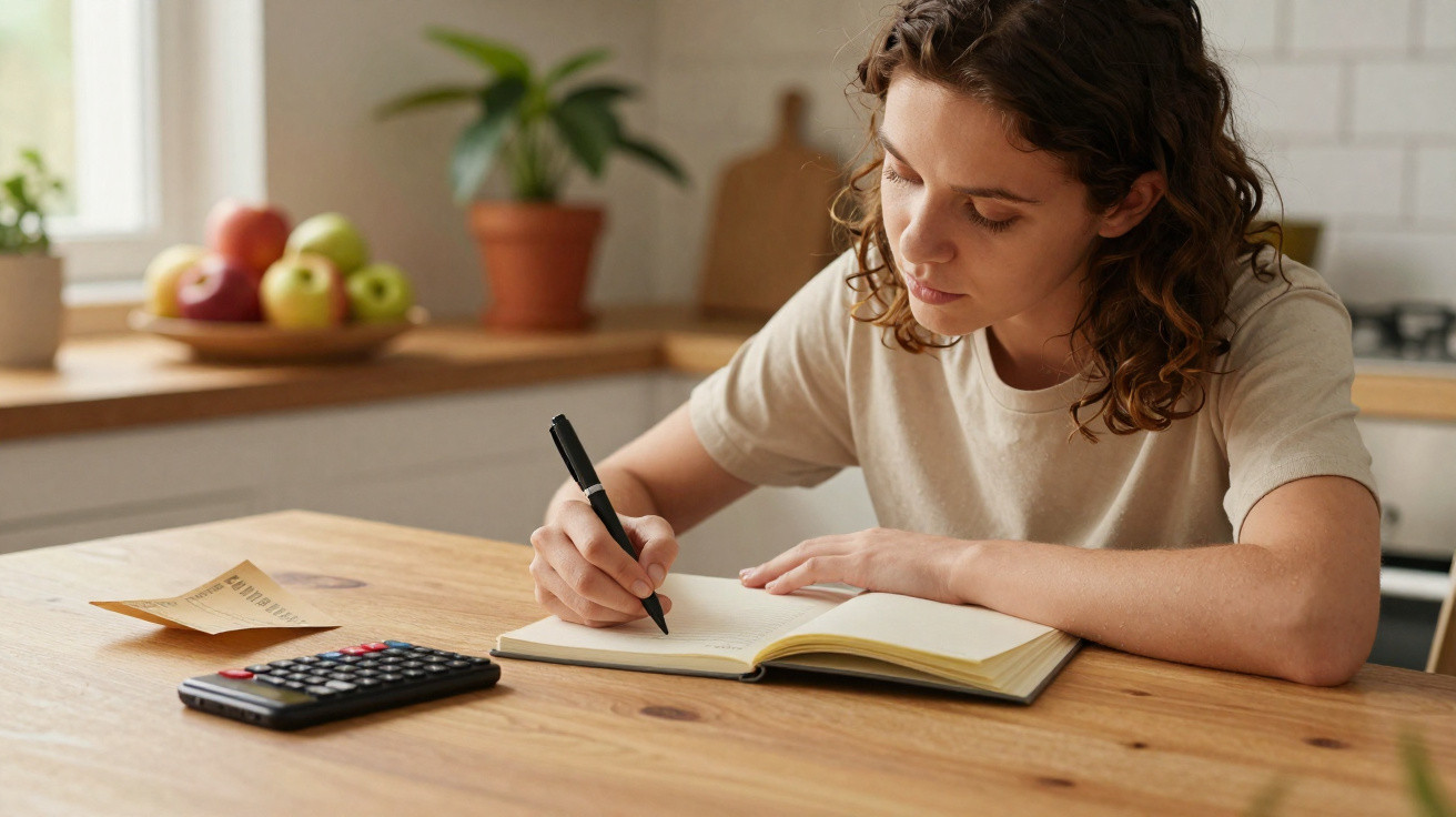 Jovem mulher sentada à mesa escrevendo em caderno, com calculadora e nota fiscal ao lado.