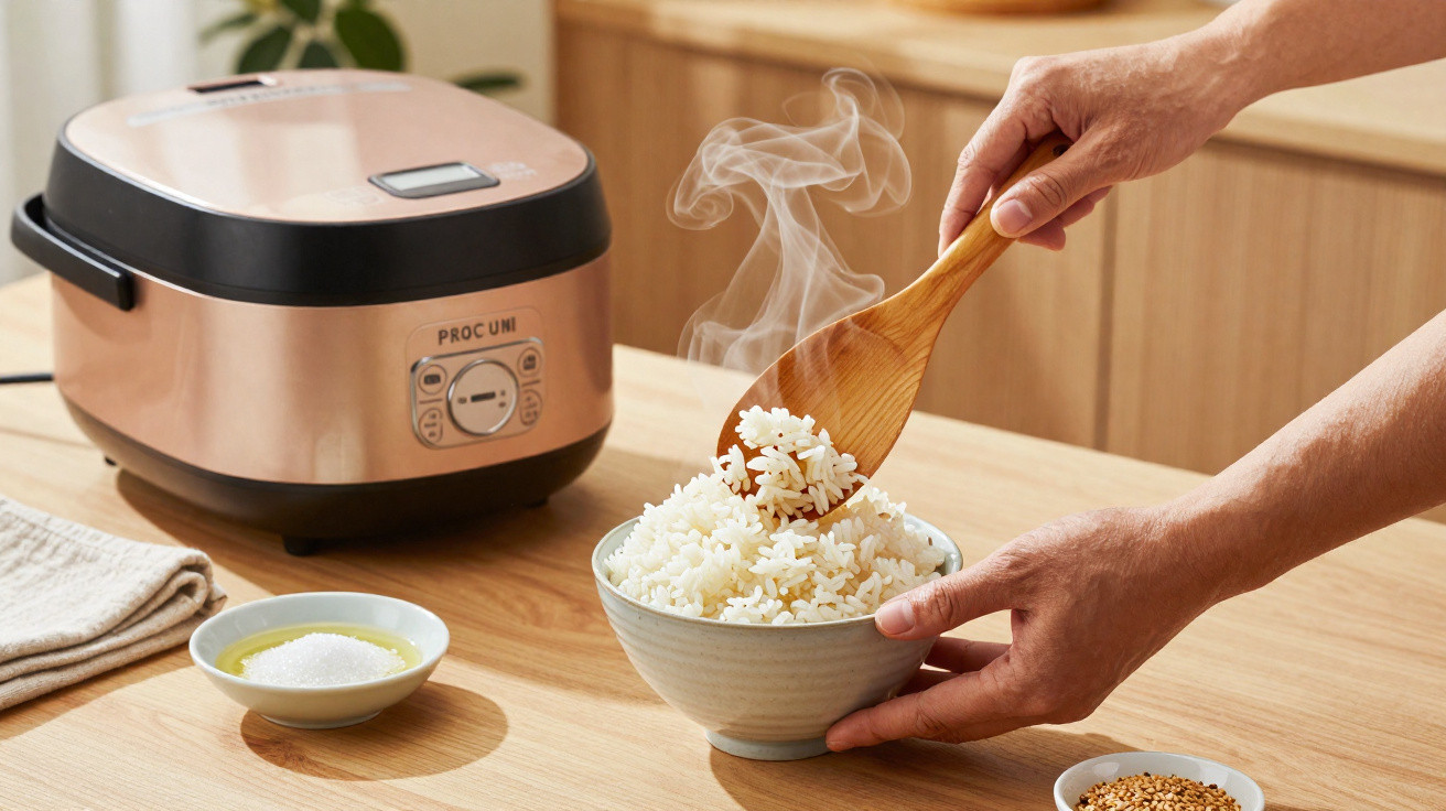 Mãos servindo arroz branco recém-cozido em uma tigela, com panela elétrica e condimentos ao fundo.