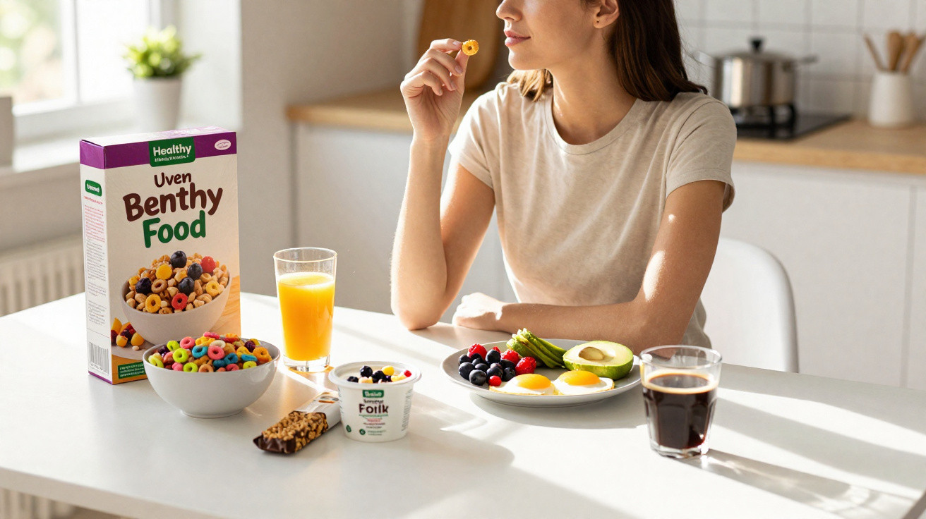 Mulher comendo cereal colorido no café da manhã com frutas, ovos, suco e café em mesa iluminada.